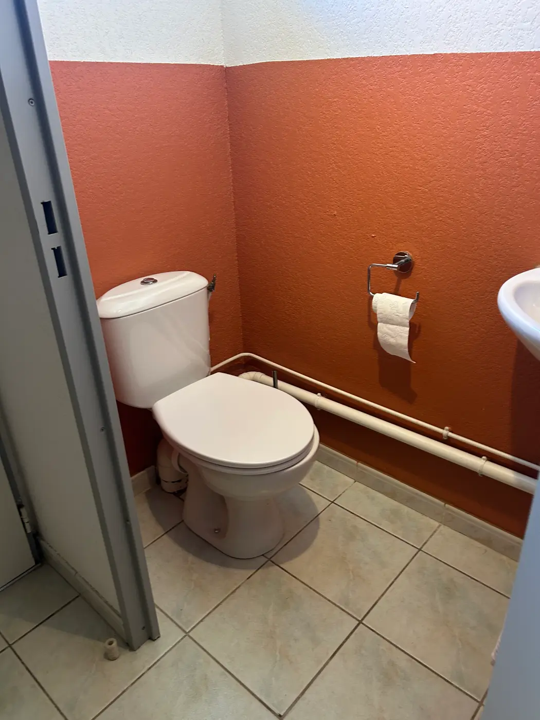 Avant travaux : WC à poser classique avec canalisations apparentes le long du mur
